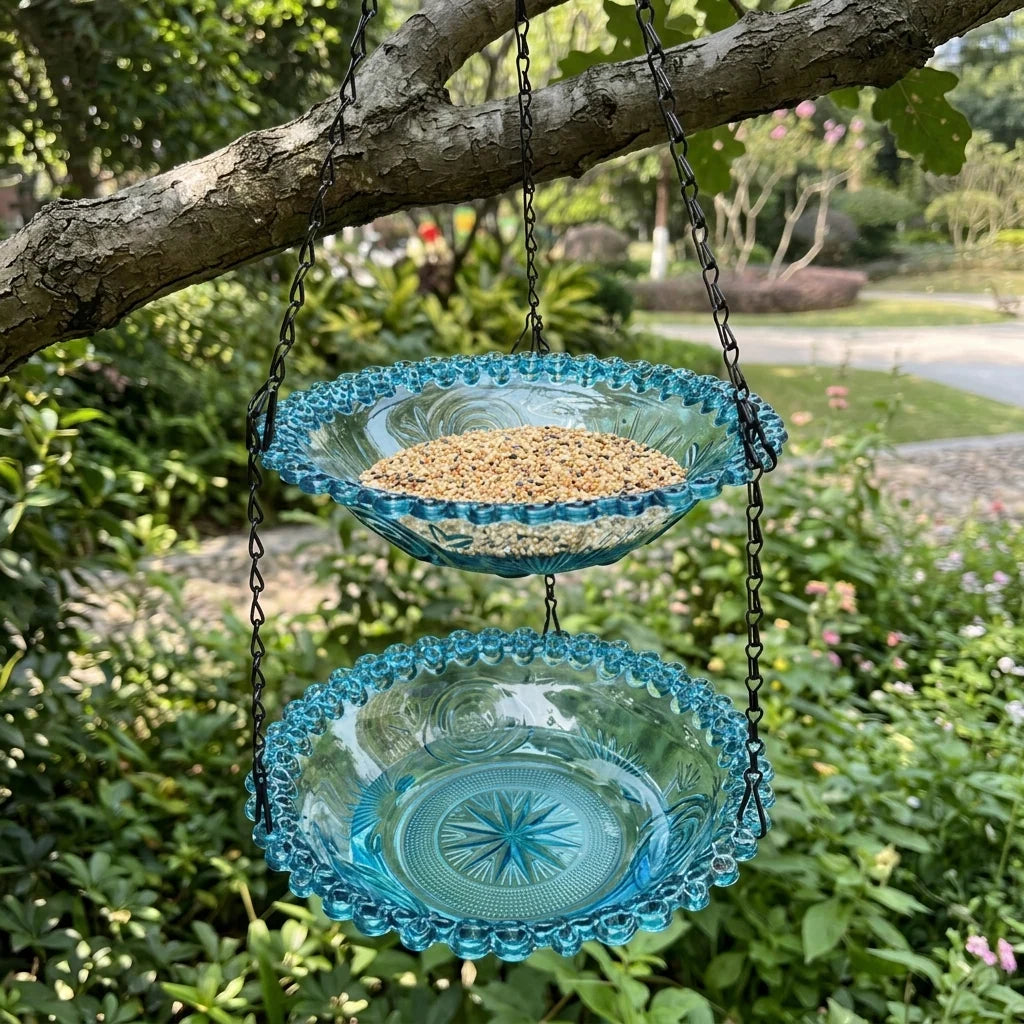 Hanging Bird Feeder & Bath Dual-Tier Weather-Resistant Pressed-Glass Look