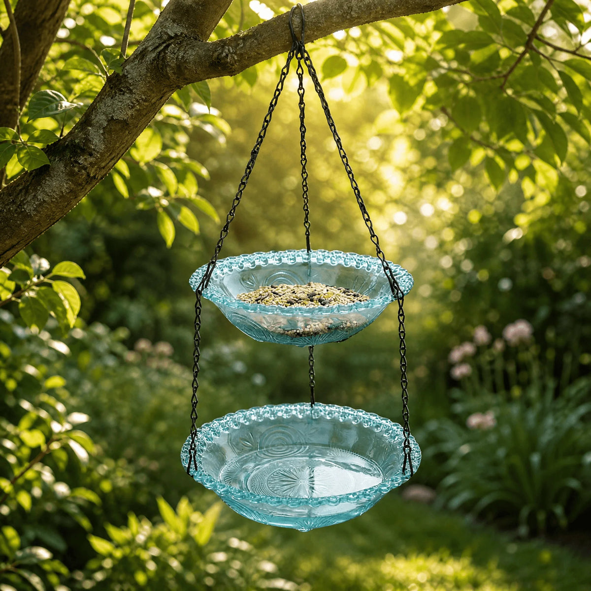 Hanging Bird Feeder & Bath Dual-Tier Weather-Resistant Pressed-Glass Look