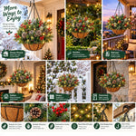 Hanging Christmas Basket Warm White LED Lights Battery-Powered Evergreen Decor