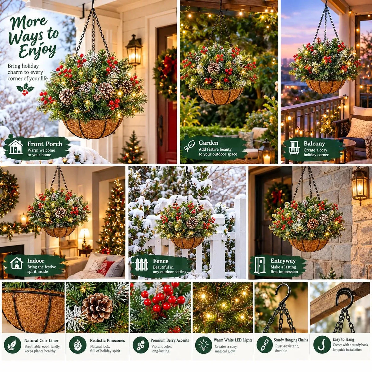 Hanging Christmas Basket Warm White LED Lights Battery-Powered Evergreen Decor