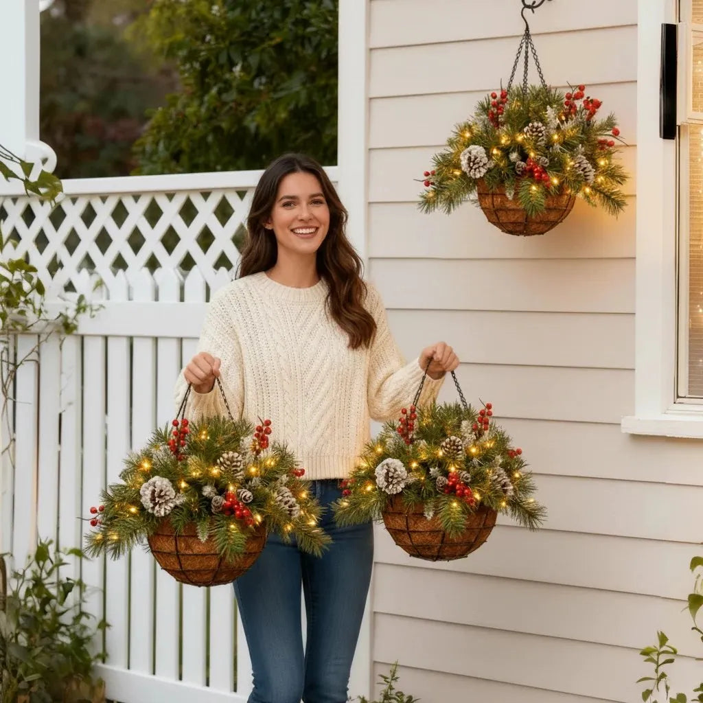 Hanging Christmas Basket Warm White LED Lights Battery-Powered Evergreen Decor