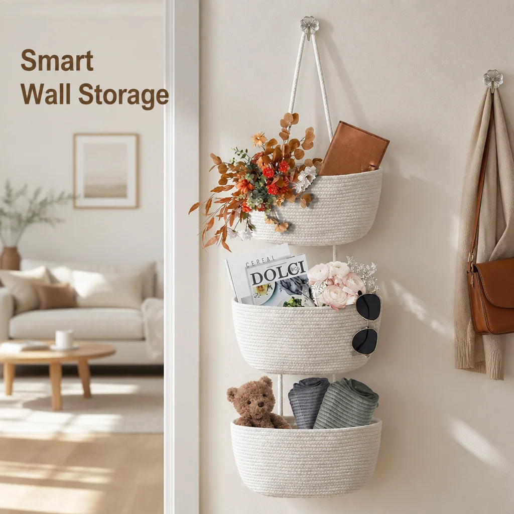 Hanging Storage Basket 3-Tier Woven Cotton񎟃
