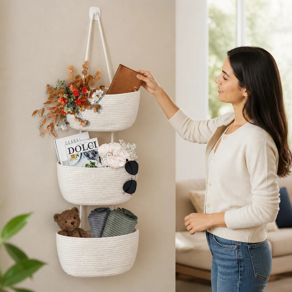 Hanging Storage Basket 3-Tier Woven Cotton񎟃