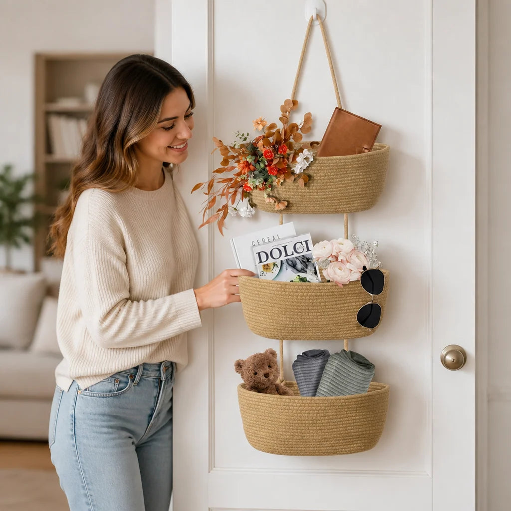 Hanging Storage Basket 3-Tier Woven Cotton񎟃