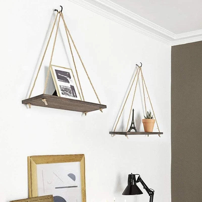 Hanging Wall Shelf Scandinavian Minimalist Wood Rope Hanger