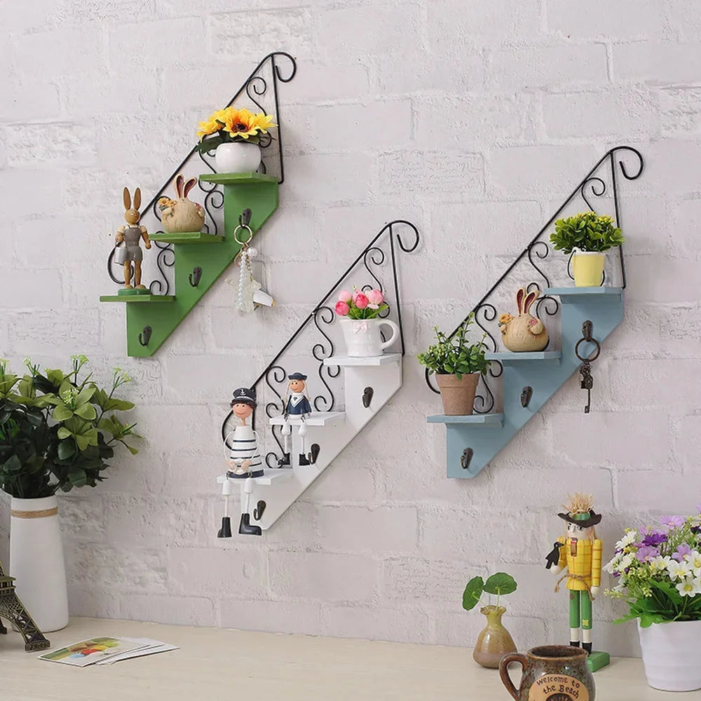 Hanging Wall Shelf Three-Tier Wood & Iron