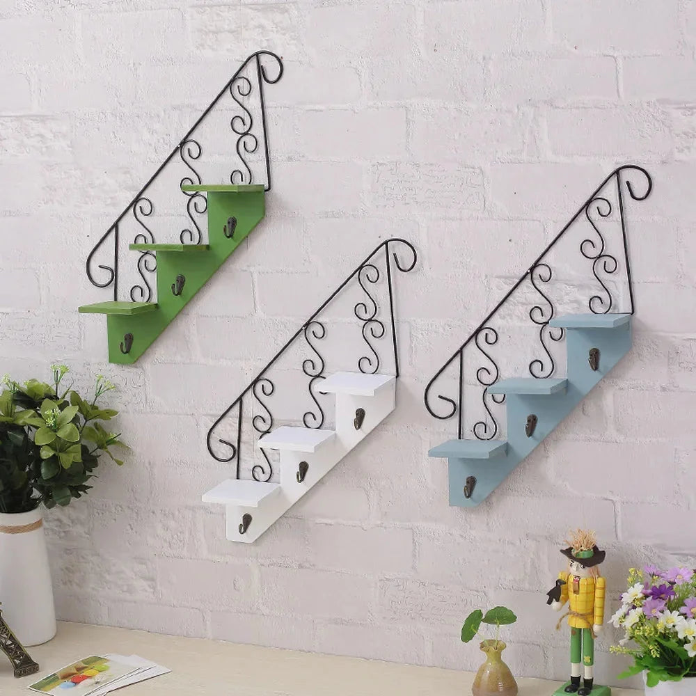 Hanging Wall Shelf Three-Tier Wood & Iron