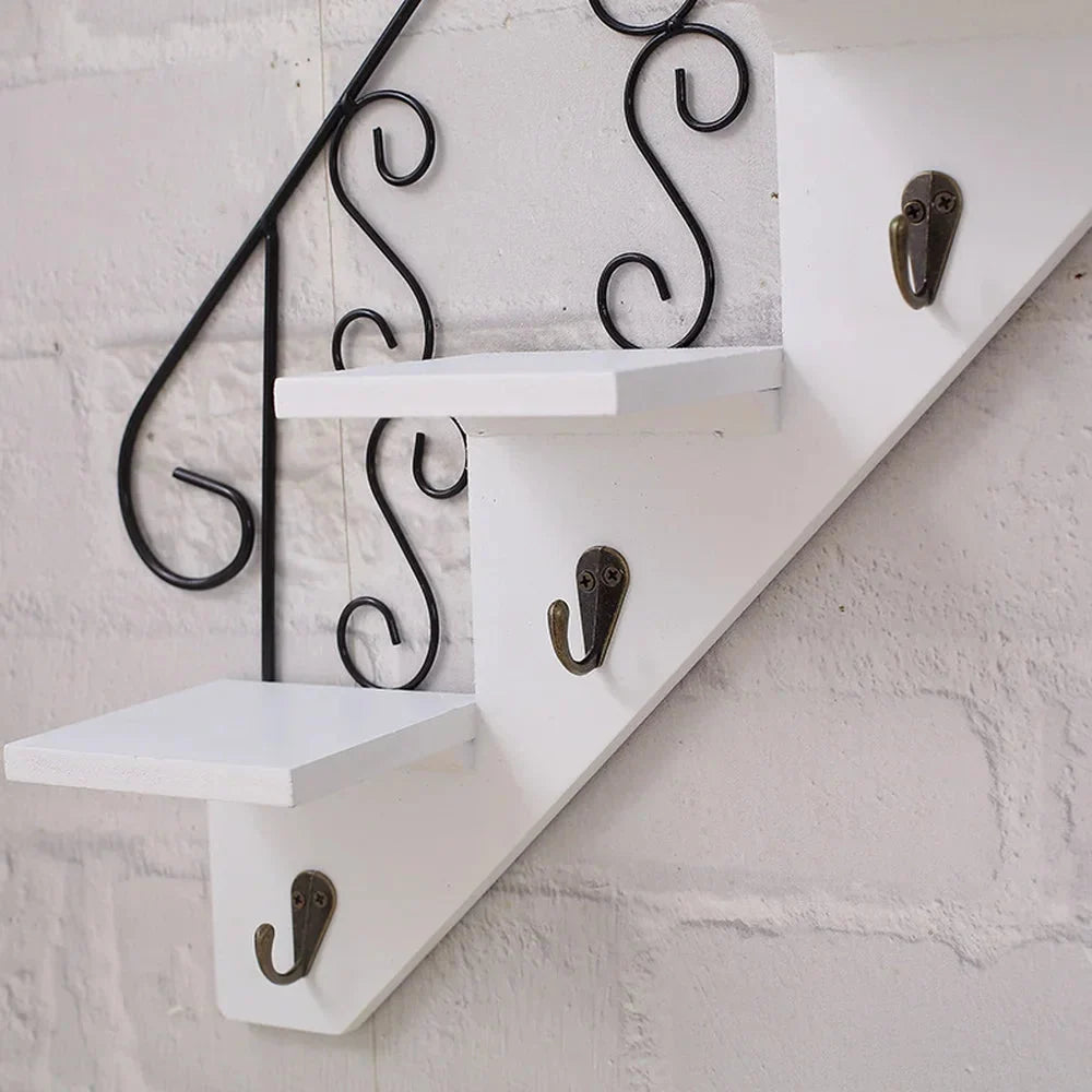Hanging Wall Shelf Three-Tier Wood & Iron