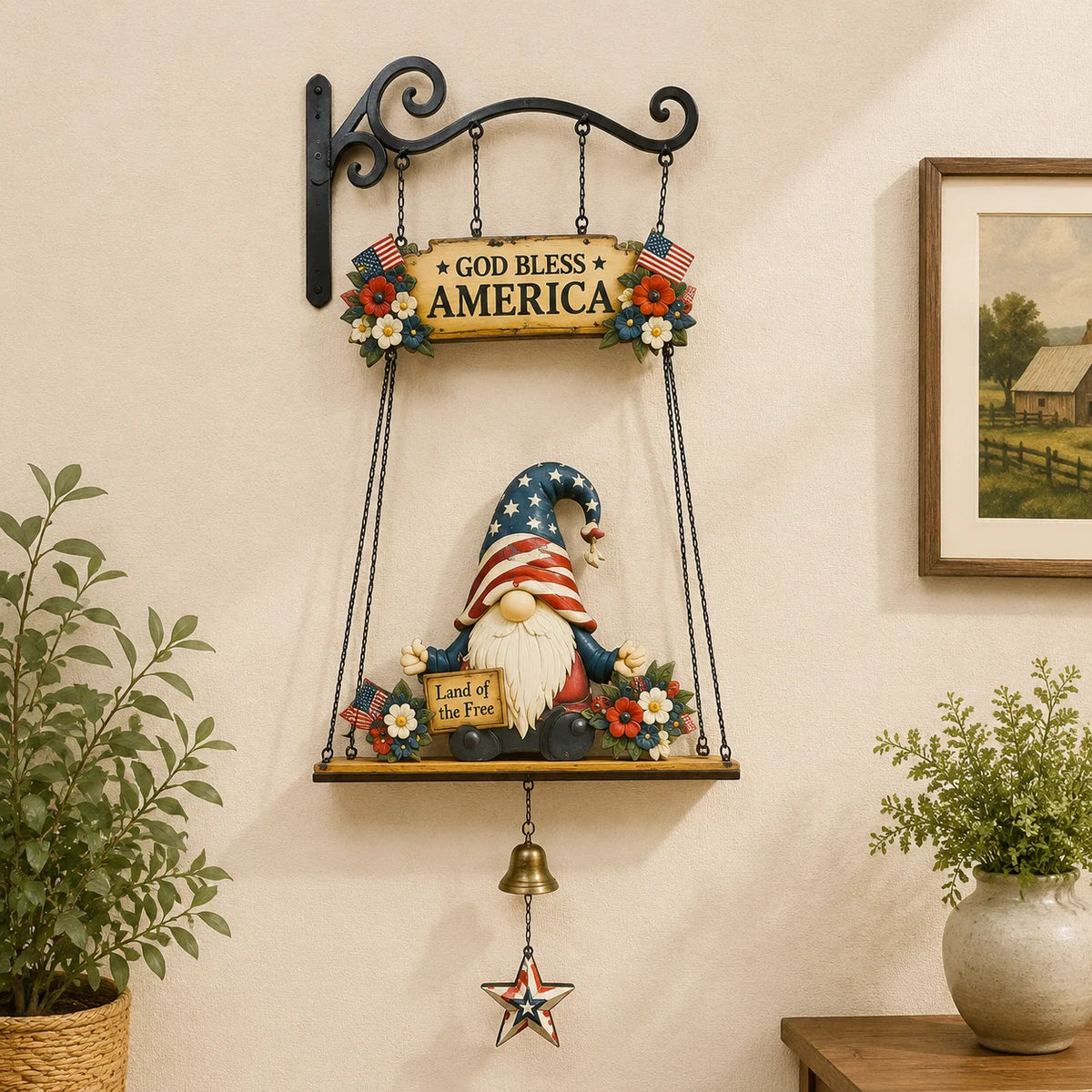 Hanging Welcome Sign Wooden Gnome Bell Accent