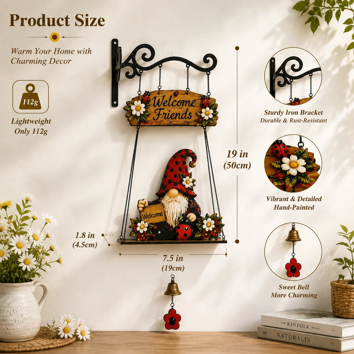 Hanging Welcome Sign Wooden Gnome Bell Accent