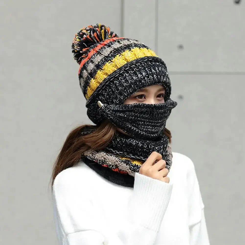 Hat And Scarf Set Velvet Lined Removable Face Mask