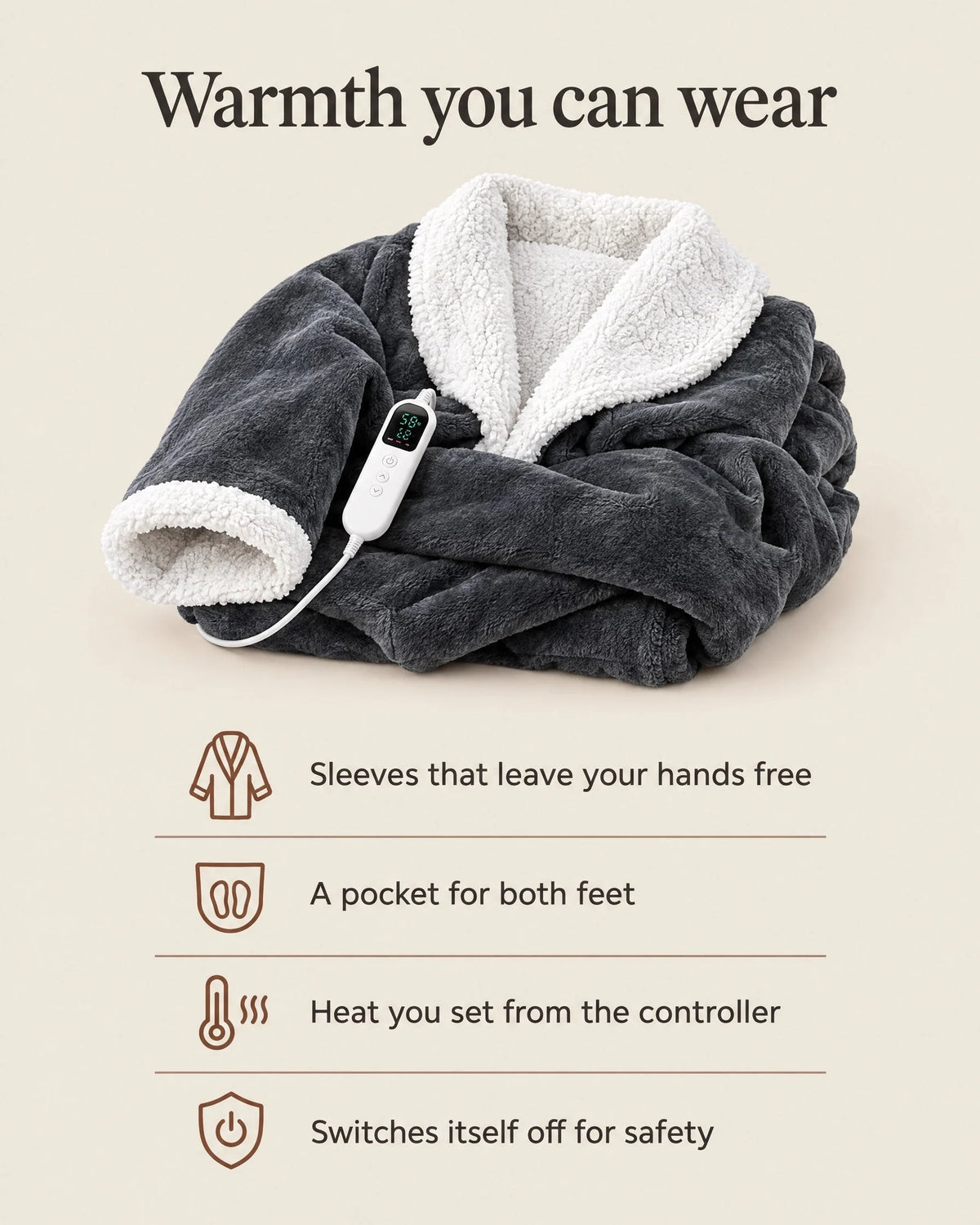 Heated Blanket Robe Adjustable Heat Sherpa Lined Foot Pocket