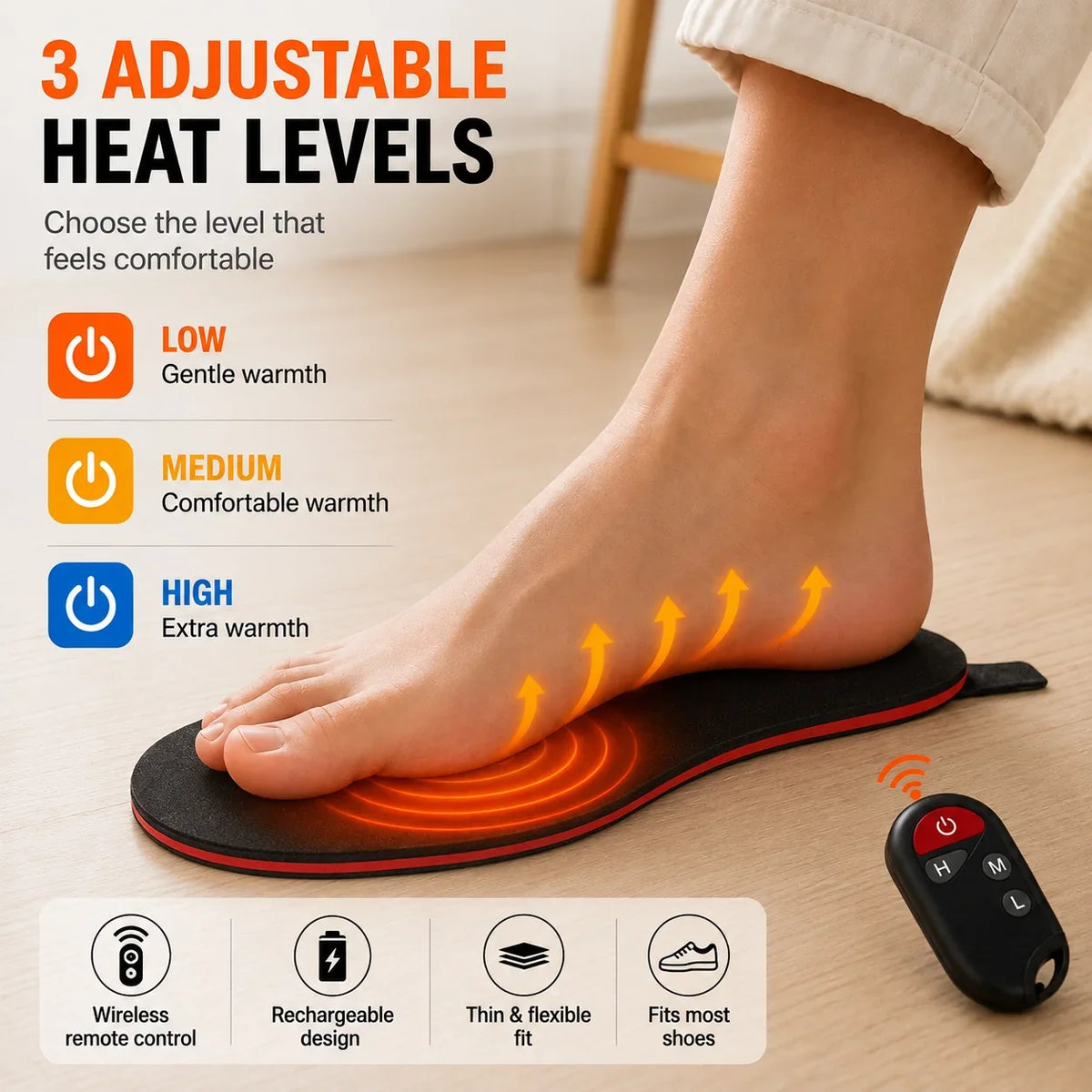 Heated Insoles Rechargeable With Wireless Remote Control