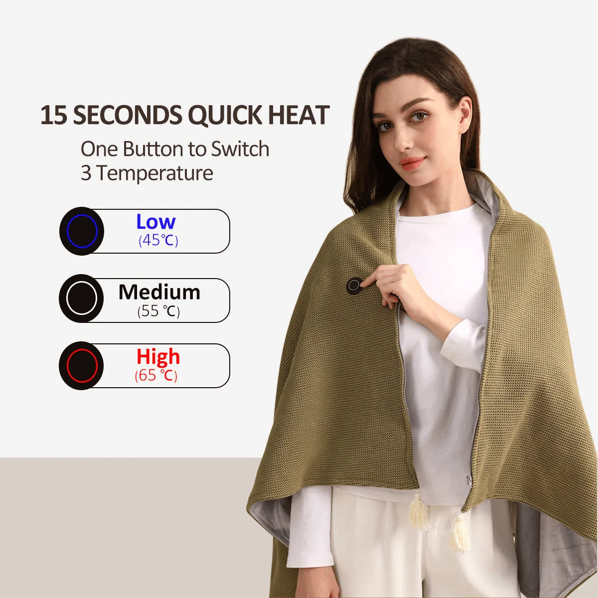 Heated Wrap Blanket USB-Powered Three Temperature Settings Machine-Washable