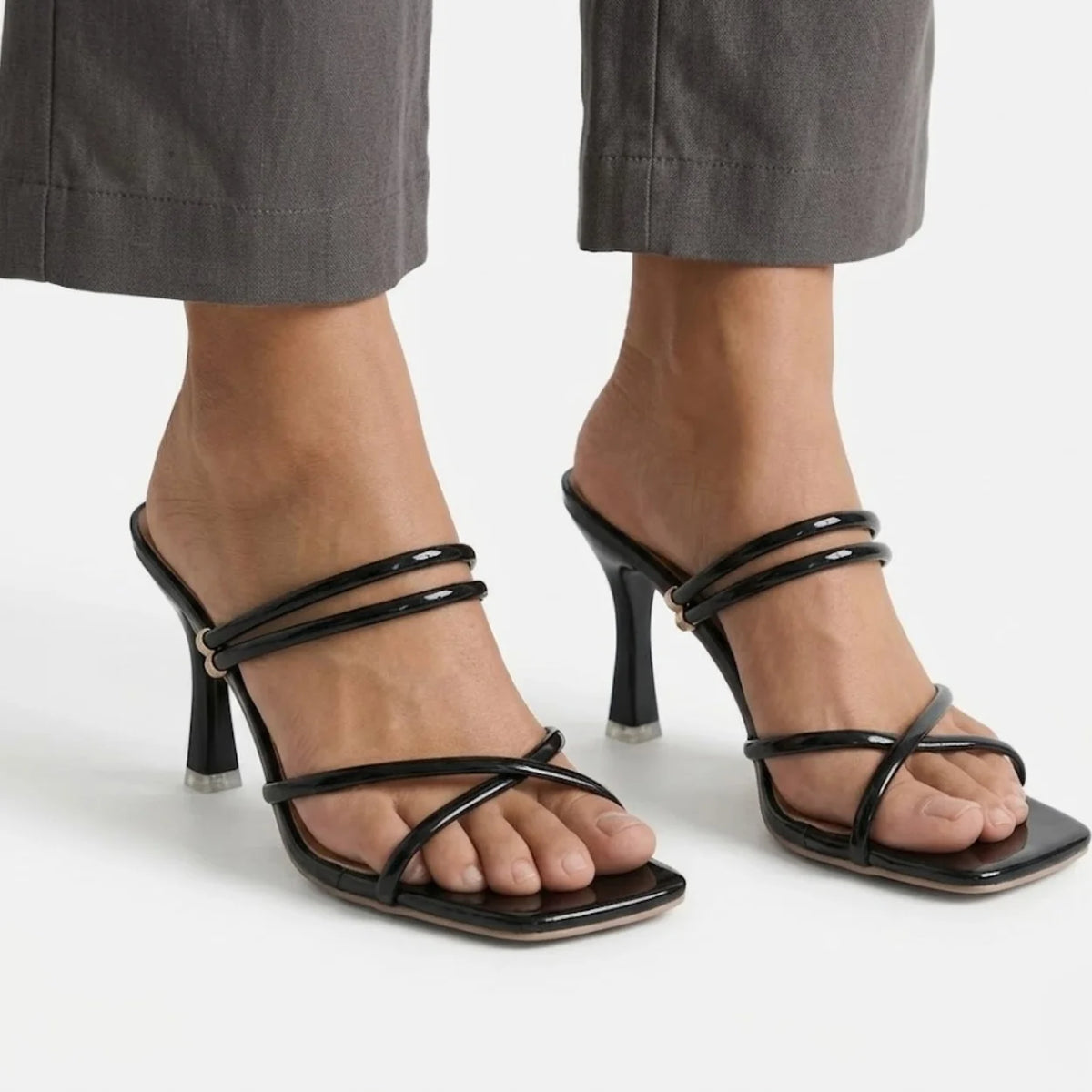 Heeled Mules Glossy Crossover Straps Square Toe