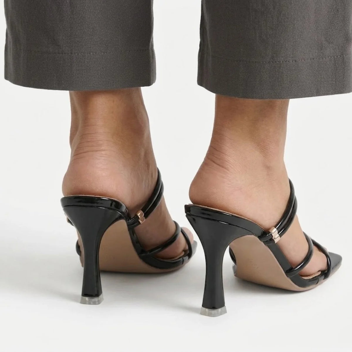 Heeled Mules Glossy Crossover Straps Square Toe