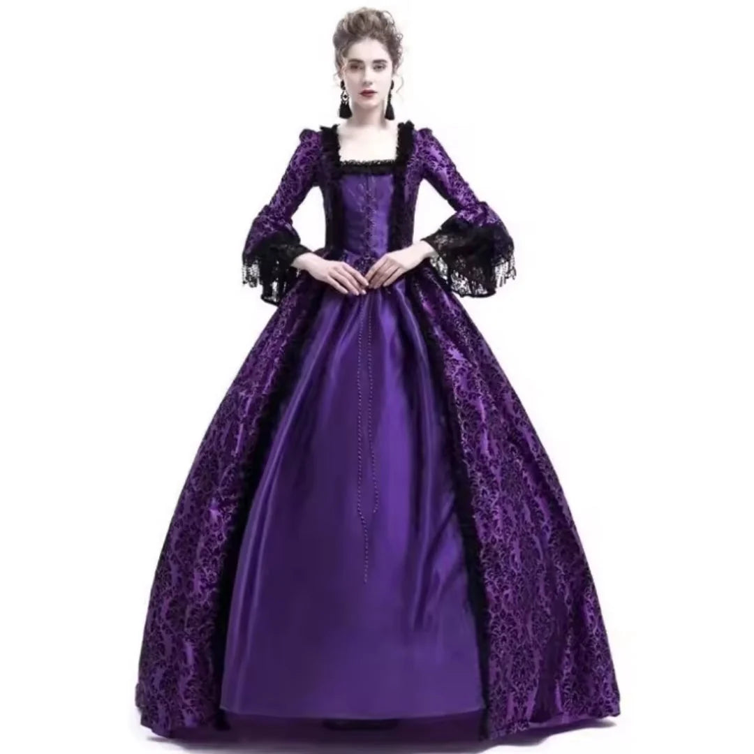 Historical Costume Dress Lace Appliqués Wide Flared Sleeves Long Skirt