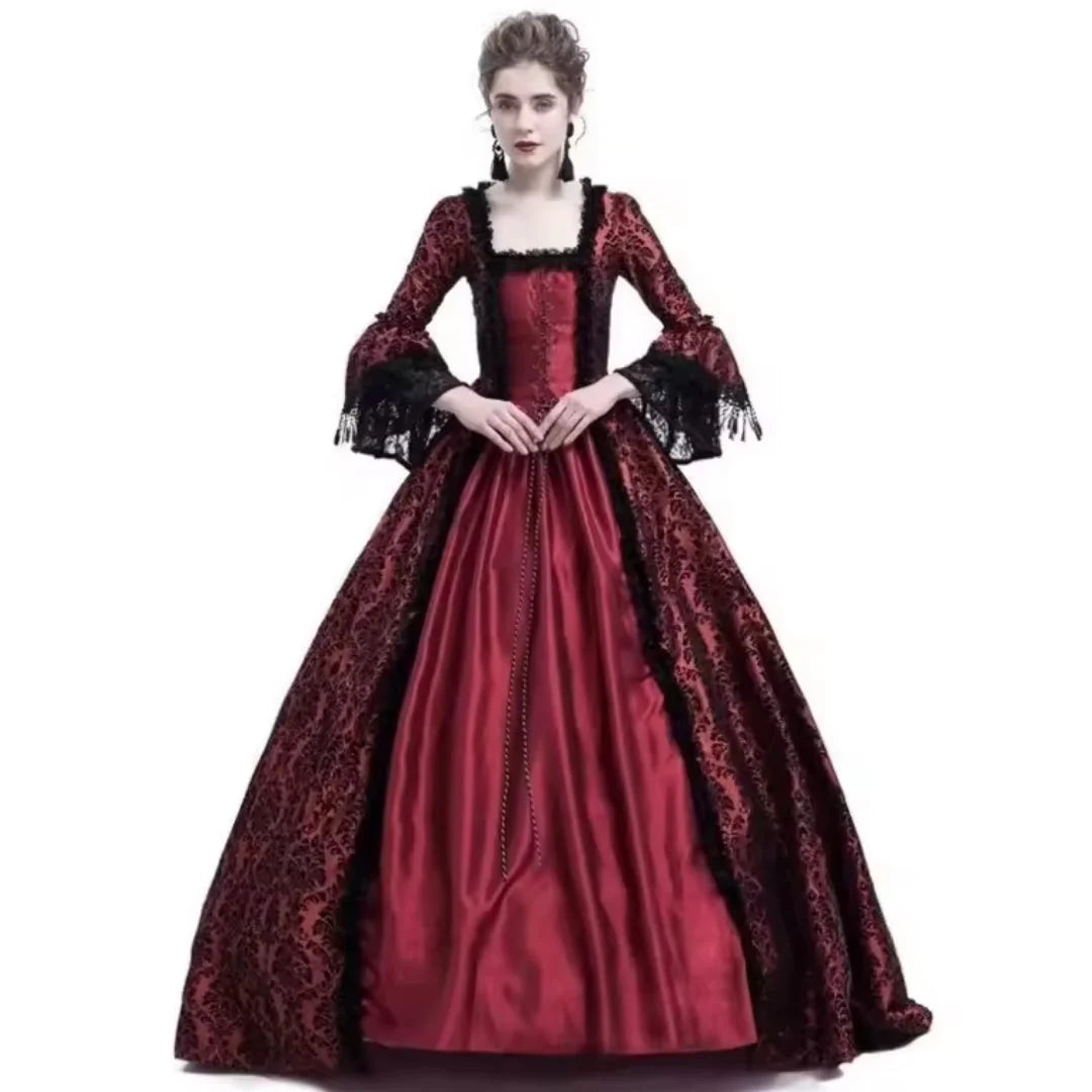 Historical Costume Dress Lace Appliqués Wide Flared Sleeves Long Skirt