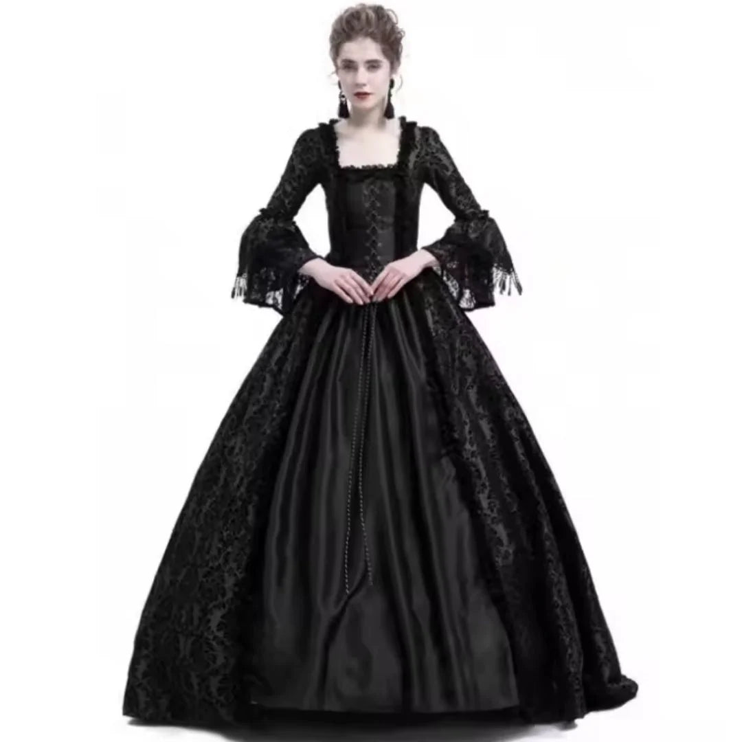 Historical Costume Dress Lace Appliqués Wide Flared Sleeves Long Skirt