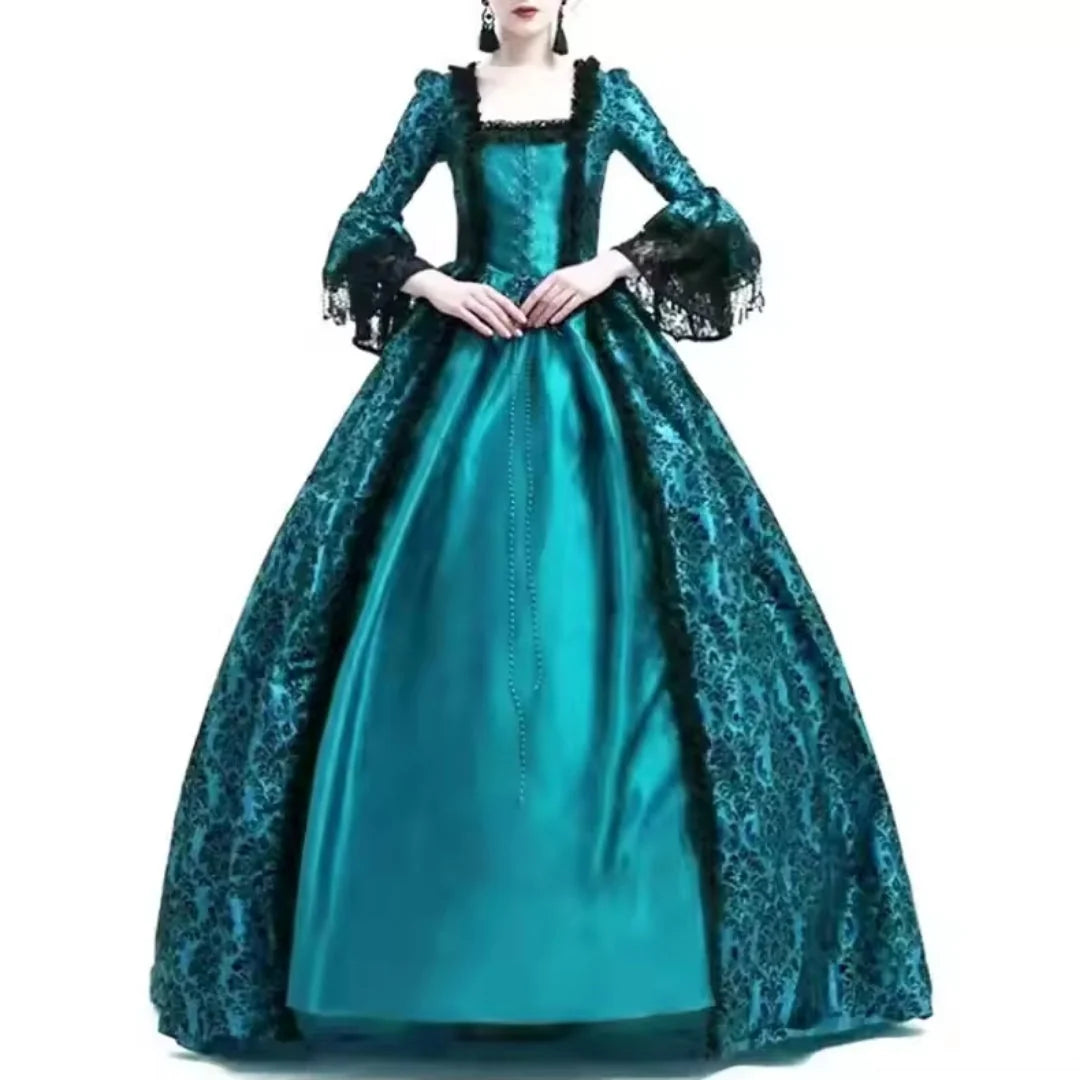 Historical Costume Dress Lace Appliqués Wide Flared Sleeves Long Skirt