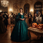 Historical Costume Dress Lace Appliqués Wide Flared Sleeves Long Skirt
