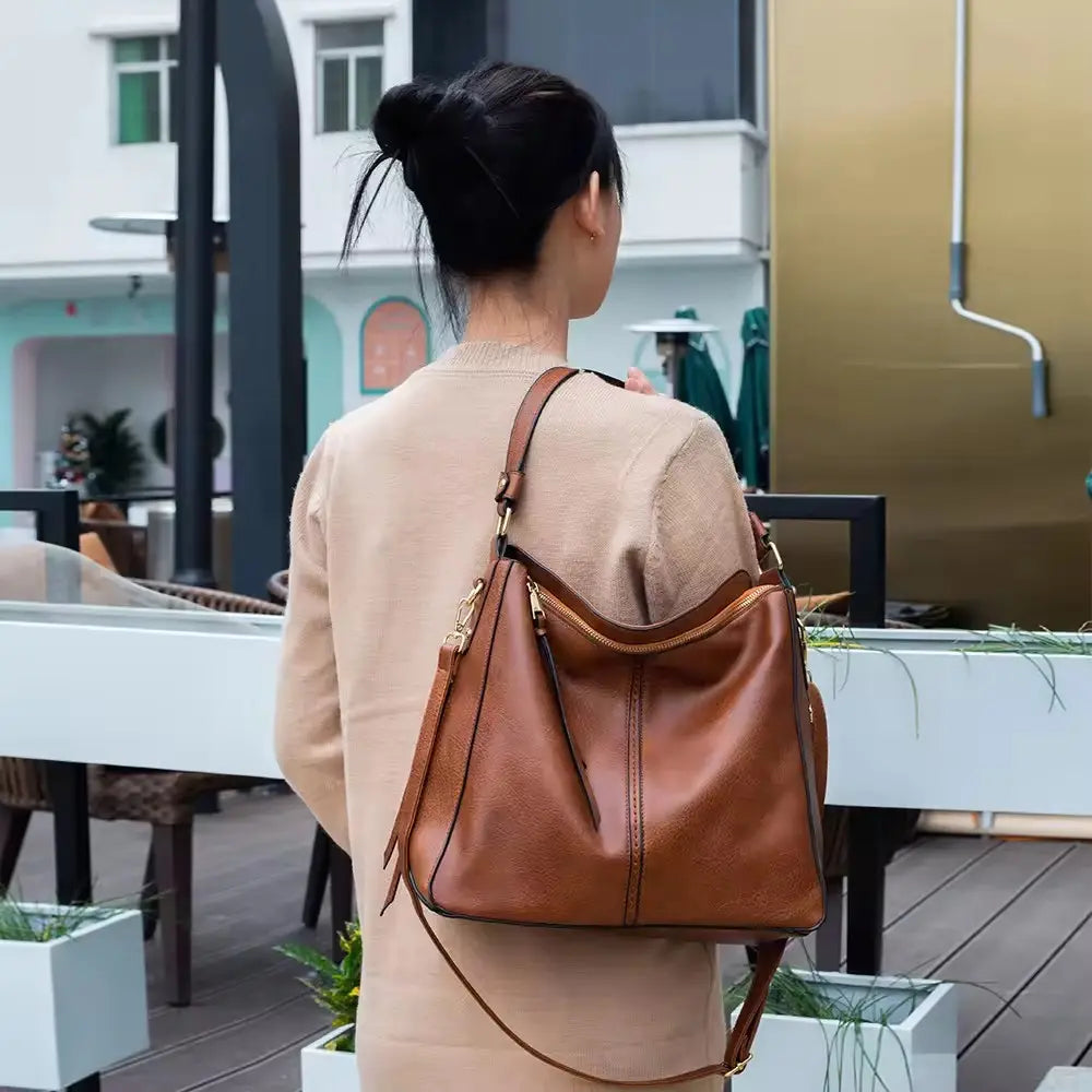 Hobo Handbag Water-Resistant Leather Hidden Anti-Theft Pocket