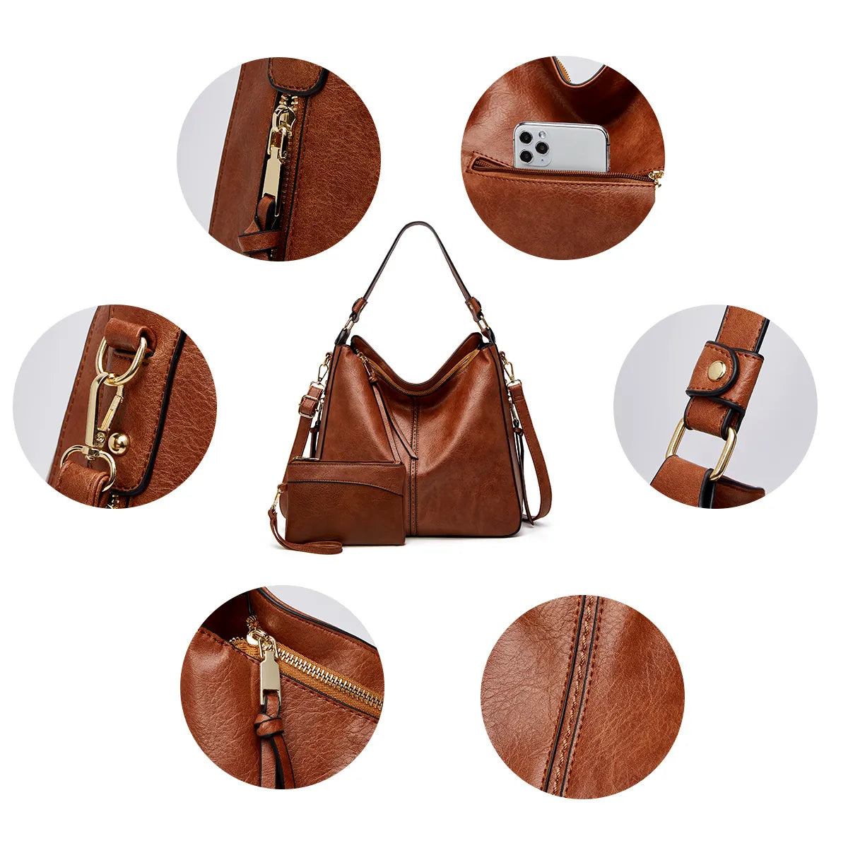Hobo Handbag Water-Resistant Leather Hidden Anti-Theft Pocket