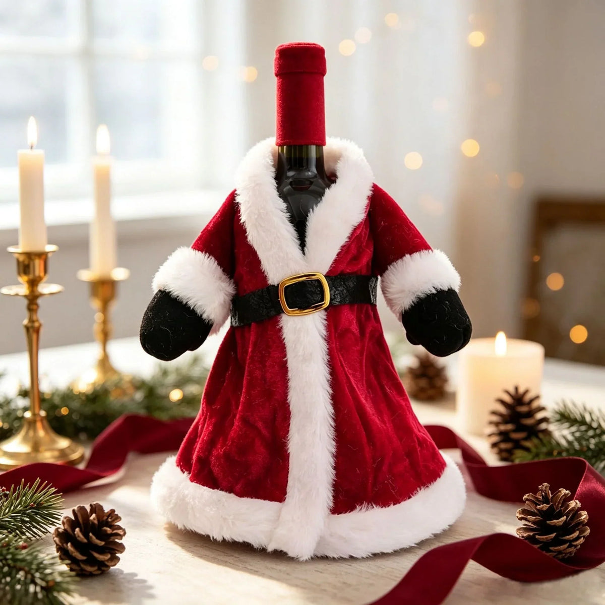 Holiday Bottle Cover Santa Claus Design Soft Durable Fabric