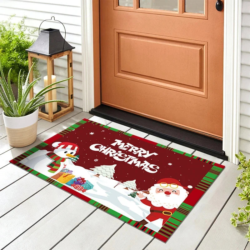 Holiday Door Mat Snowman Checkered Weatherproof & Non-Slip Backing