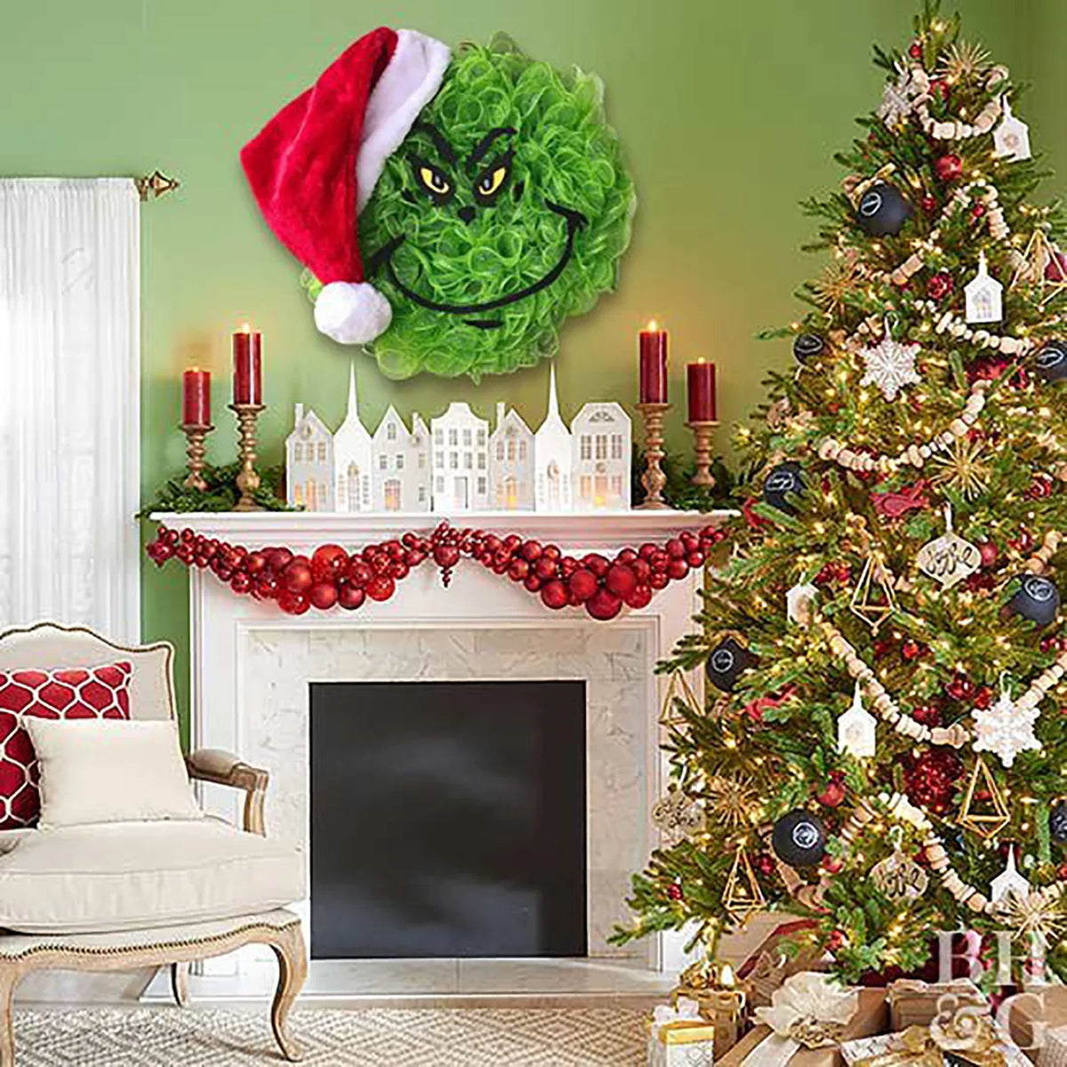 Holiday Door Wreath Grinch Face Weather-Resistant Indoor & Outdoor
