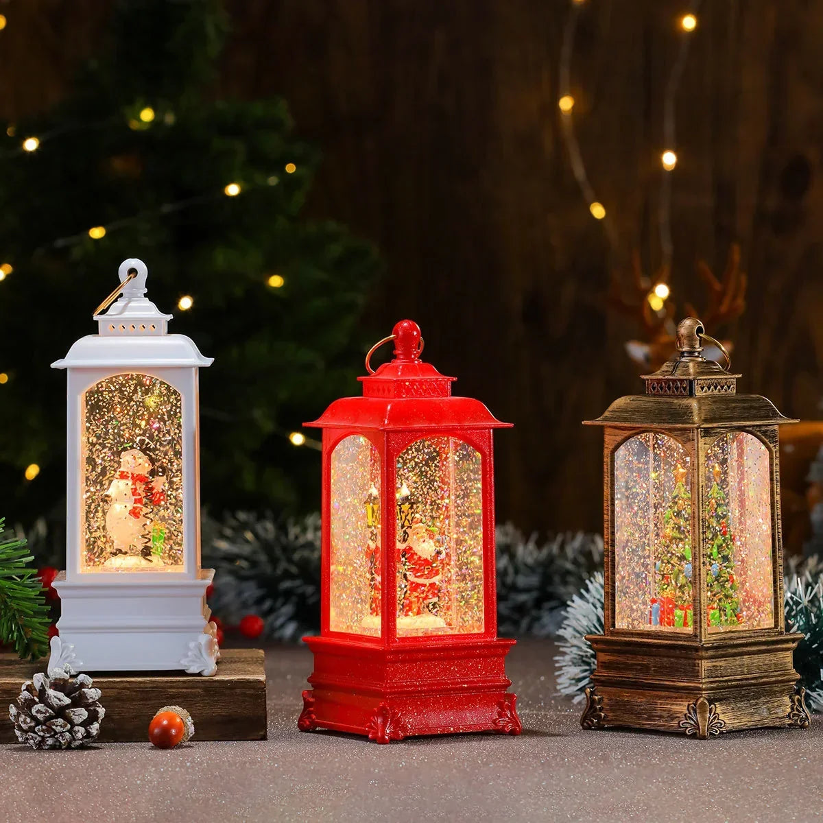 Holiday Lantern Illuminated Snowfall Santa Scene