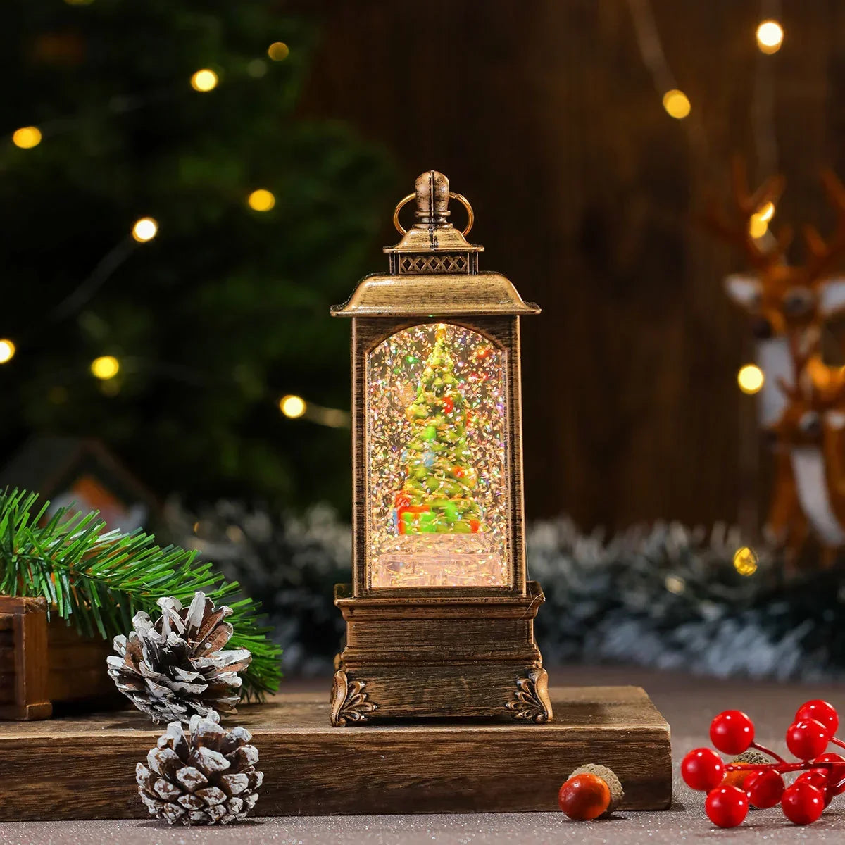 Holiday Lantern Illuminated Snowfall Santa Scene