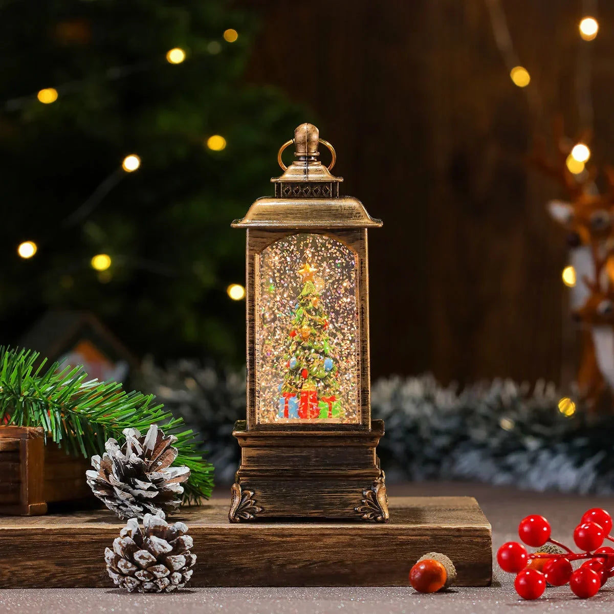 Holiday Lantern Illuminated Snowfall Santa Scene