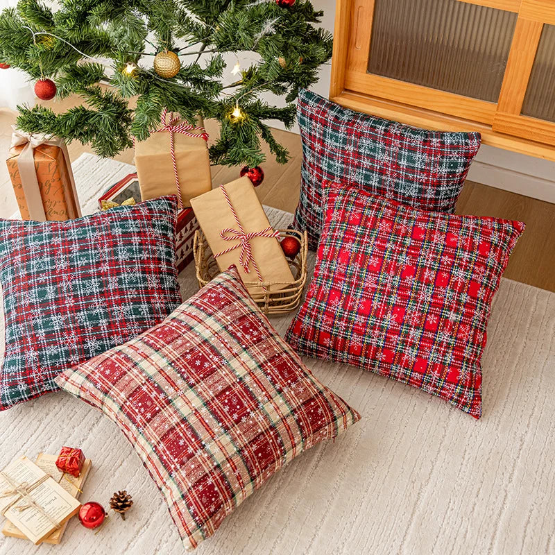 Holiday Pillow Embroidered Snowflake Plaid Plush Insert Included