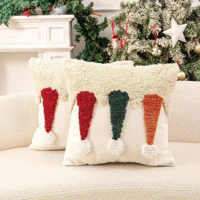 Holiday Pillow Set Tufted Pom Accents Linen-Feel Covers