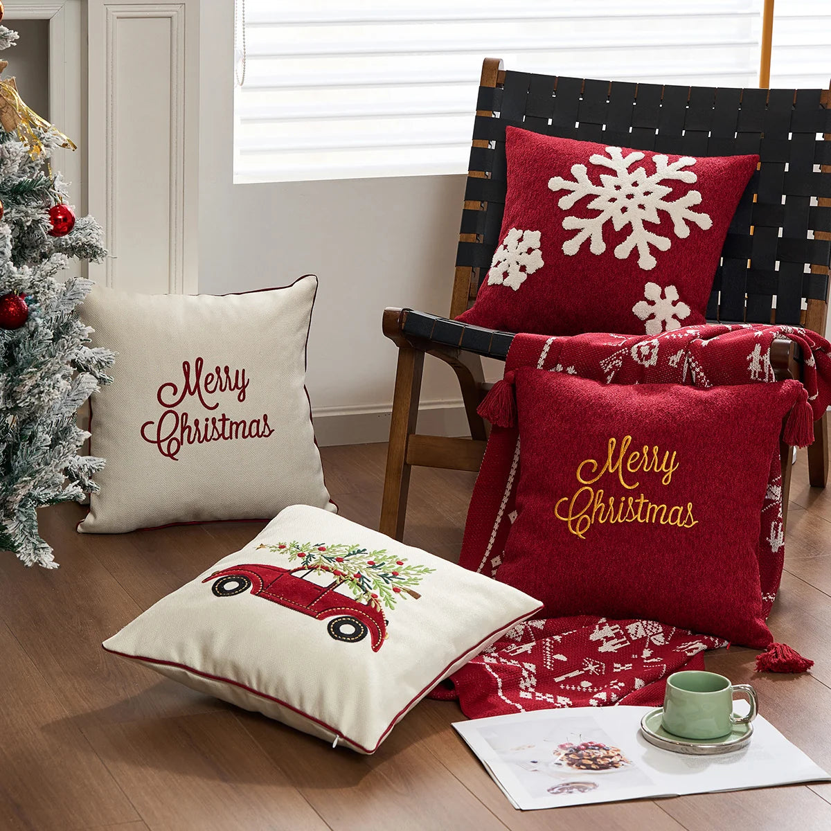 Holiday Throw Pillow Plaid Snowflake Applique Removable Cover