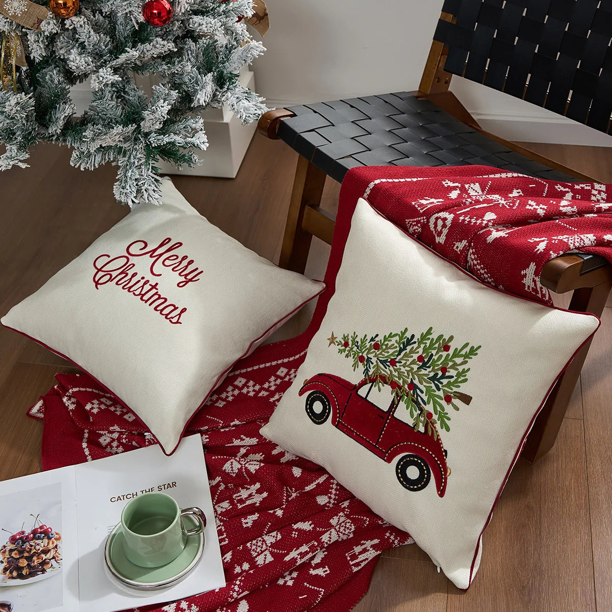 Holiday Throw Pillow Plaid Snowflake Applique Removable Cover
