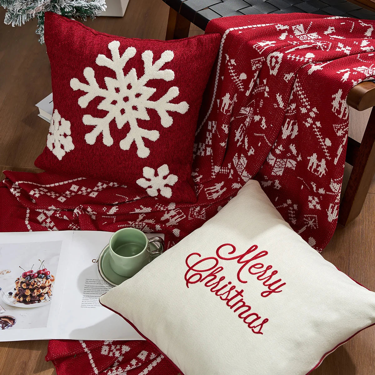 Holiday Throw Pillow Plaid Snowflake Applique Removable Cover