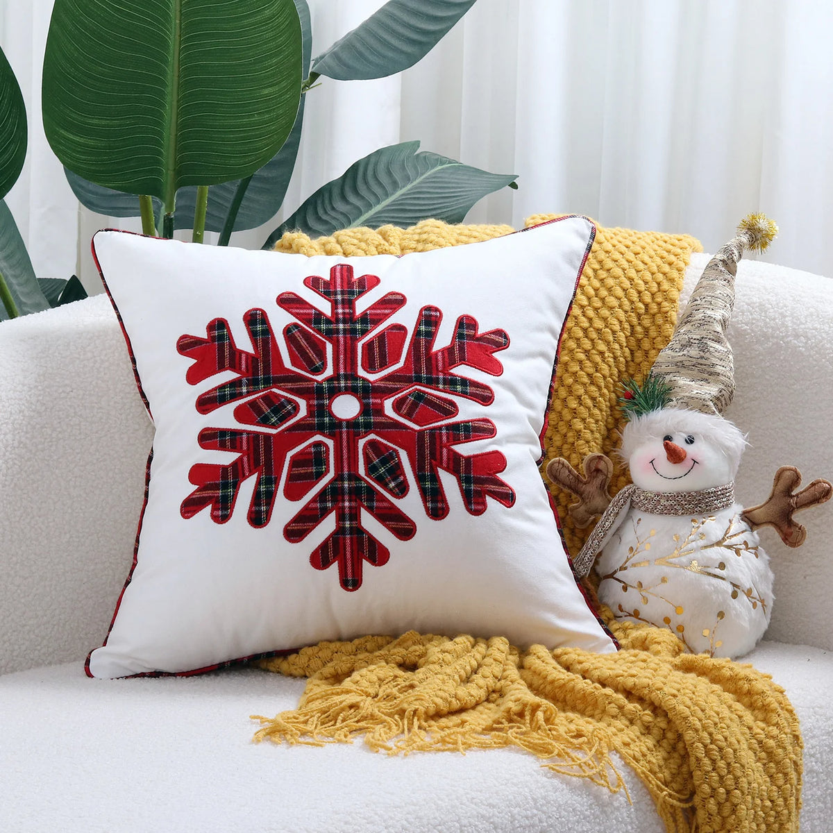 Holiday Throw Pillow Plaid Snowflake Applique Removable Cover