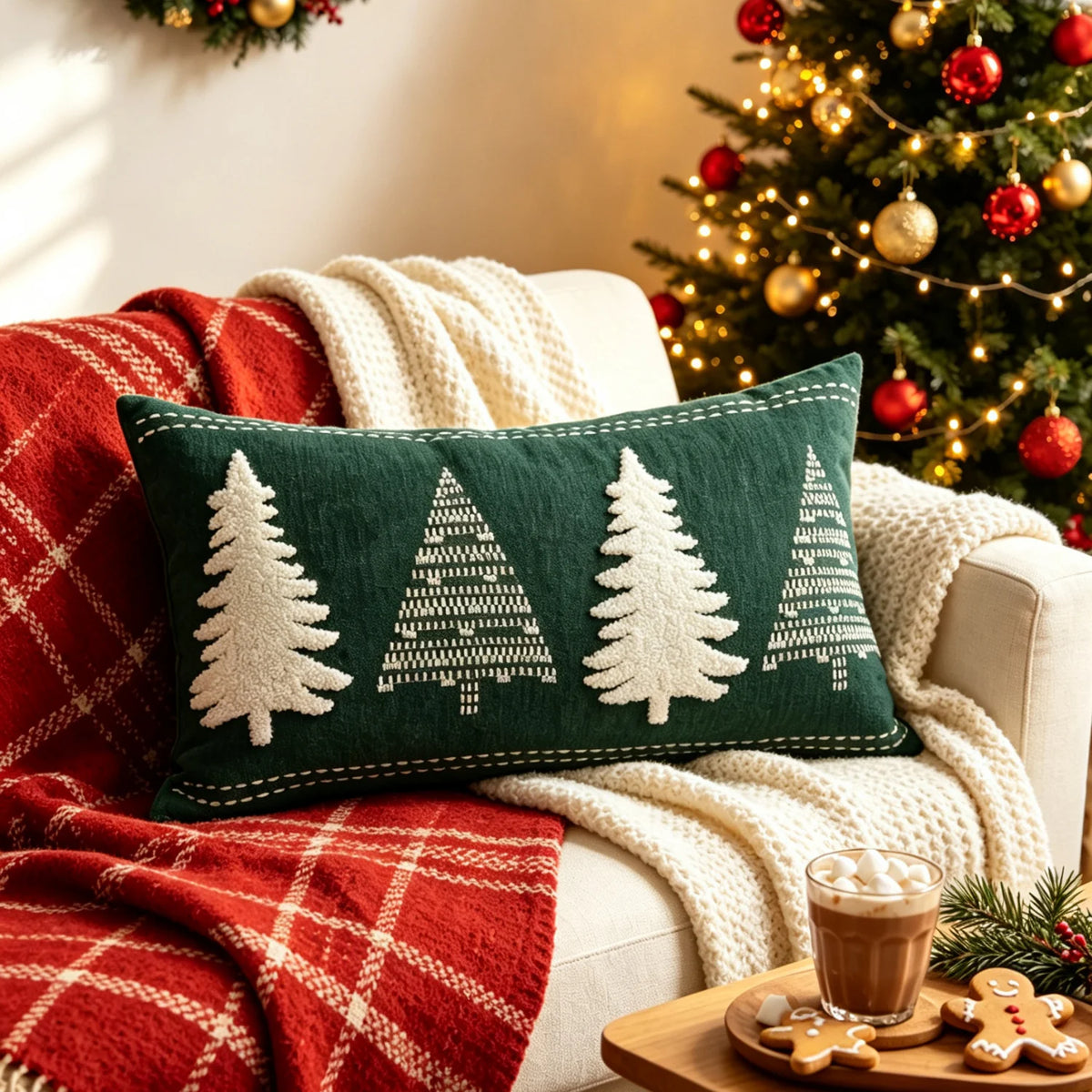 Holiday Throw Pillow Velveteen Embroidered Pom Accents Hidden Zipper