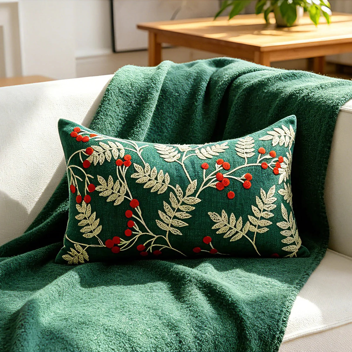 Holiday Throw Pillow Velveteen Embroidered Pom Accents Hidden Zipper