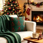 Holiday Throw Pillow Velveteen Embroidered Pom Accents Hidden Zipper