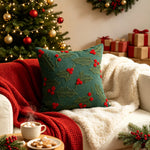 Holiday Throw Pillow Velveteen Embroidered Pom Accents Hidden Zipper