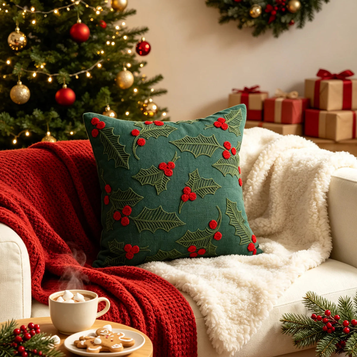 Holiday Throw Pillow Velveteen Embroidered Pom Accents Hidden Zipper