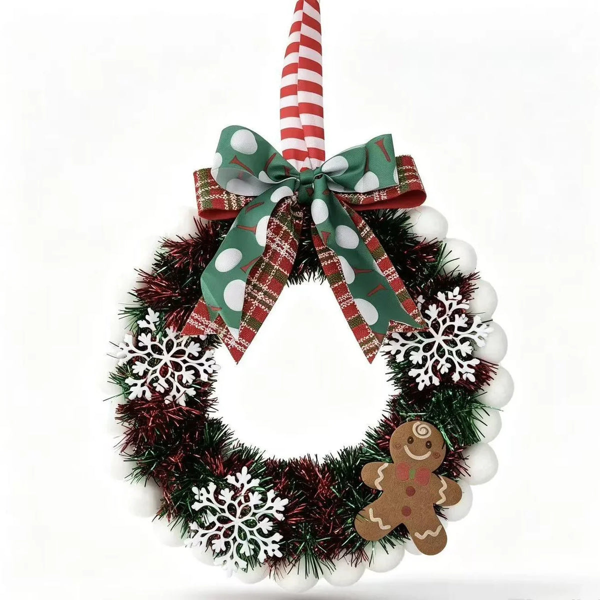 Holiday Wreath Gingerbread & Snowflake Tinsel Easy Hang Ribbon