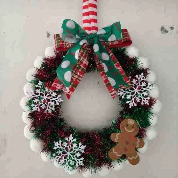 Holiday Wreath Gingerbread & Snowflake Tinsel Easy Hang Ribbon
