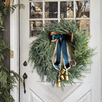 Holiday Wreath Lifelike Faux Evergreen 18 Inch Ribbon & Bells