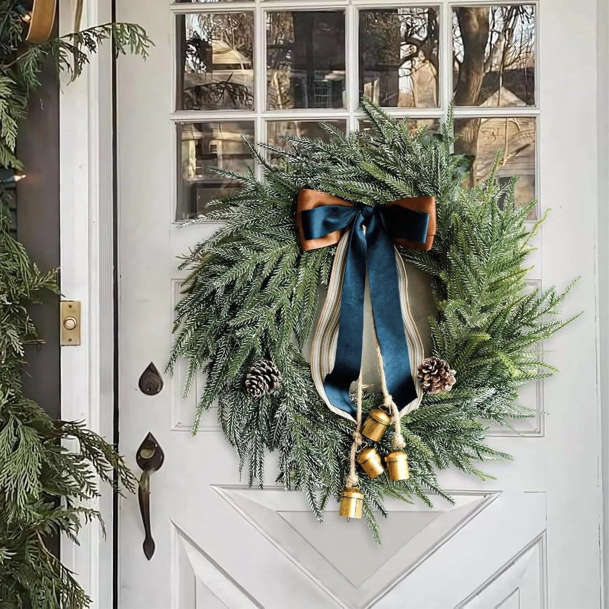Holiday Wreath Lifelike Faux Evergreen 18 Inch Ribbon & Bells