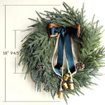 Holiday Wreath Lifelike Faux Evergreen 18 Inch Ribbon & Bells