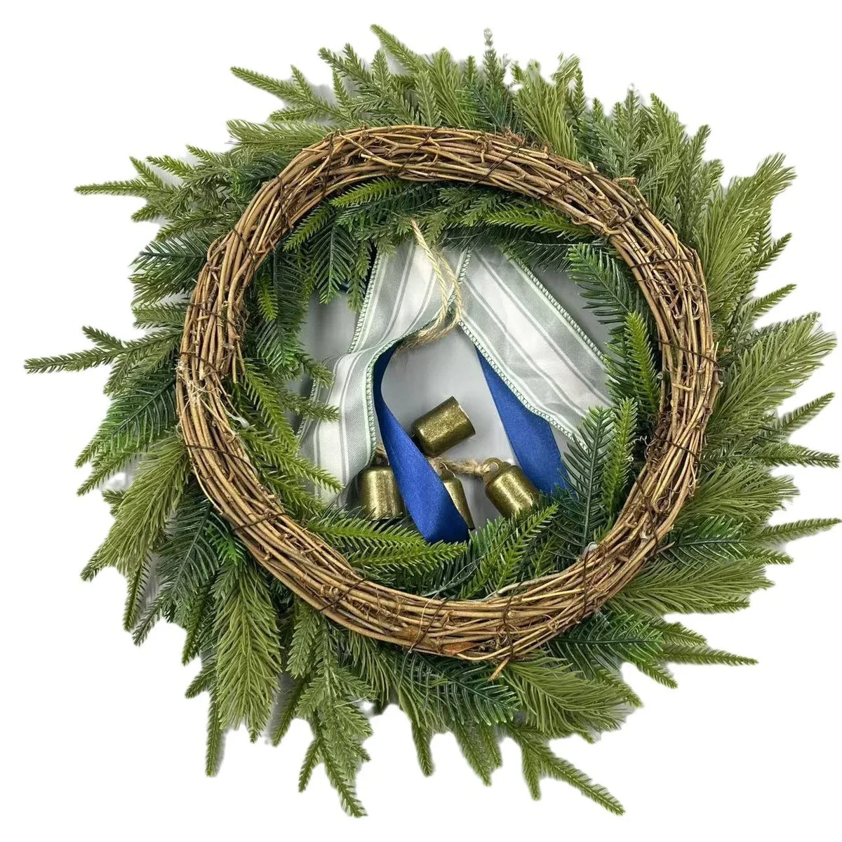Holiday Wreath Lifelike Faux Evergreen 18 Inch Ribbon & Bells
